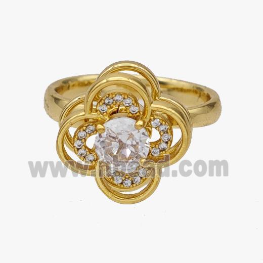 Copper Flower Rings Pave Zirconia Rotatable Adjustable Gold Plated