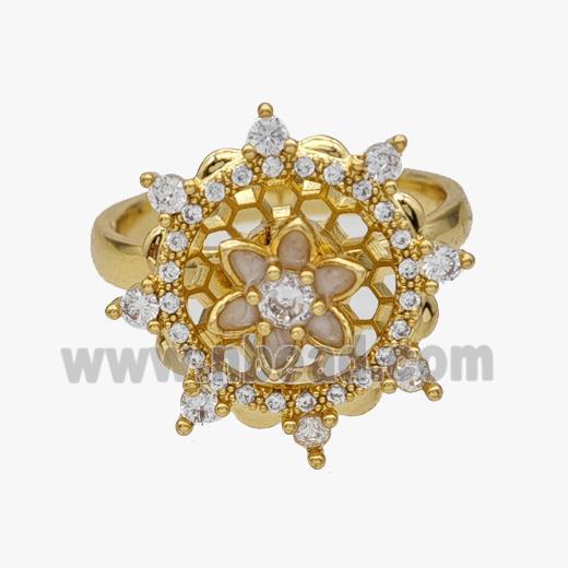 Copper Flower Rings Pave Zirconia Rotatable Adjustable Gold Plated