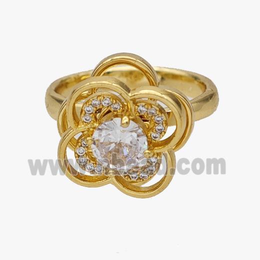 Copper Flower Rings Pave Zirconia Rotatable Adjustable Gold Plated