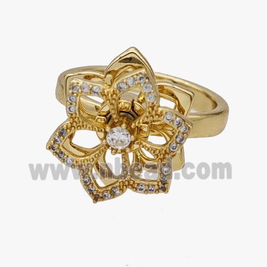 Copper Flower Rings Pave Zirconia Rotatable Adjustable Gold Plated