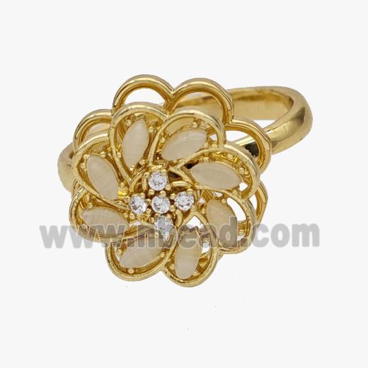 Copper Flower Rings Pave Zirconia Rotatable Adjustable Gold Plated