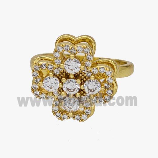 Copper Clover Rings Pave Zirconia Rotatable Adjustable Gold Plated