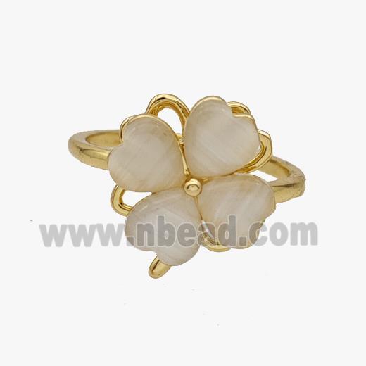 Copper Clover Rings Pave Cateye Glass Rotatable Adjustable Gold Plated