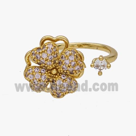 Copper Clover Rings Pave Zirconia Rotatable Adjustable Gold Plated