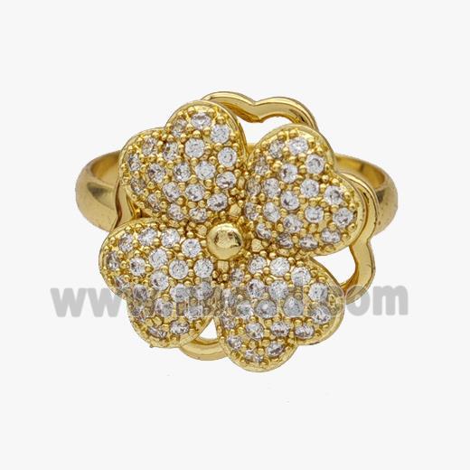 Copper Clover Rings Pave Zirconia Rotatable Adjustable Gold Plated