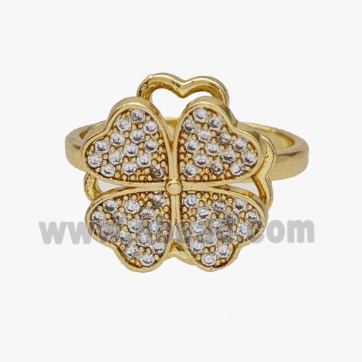 Copper Clover Rings Pave Zirconia Rotatable Adjustable Gold Plated