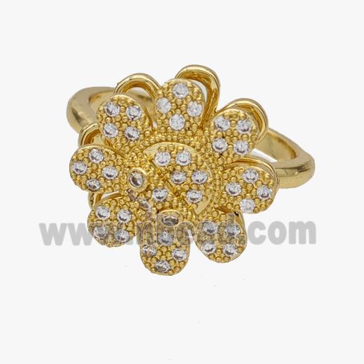 Copper Flower Rings Pave Zirconia Rotatable Adjustable Gold Plated