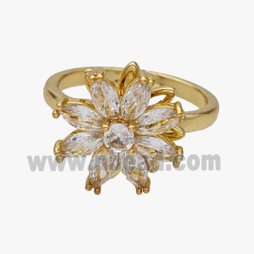 Copper Flower Rings Pave Zirconia Rotatable Adjustable Gold Plated