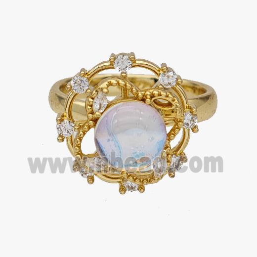 Copper Flower Rings Pave Zirconia Opalite Rotatable Adjustable Gold Plated