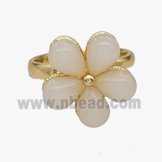 Copper Flower Rings Pave Cateye Glass Rotatable Adjustable Gold Plated