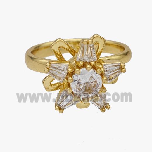 Copper Flower Rings Pave Zirconia Rotatable Adjustable Gold Plated