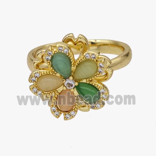 Copper Flower Rings Pave Zirconia Cateye Glass Rotatable Adjustable Gold Plated