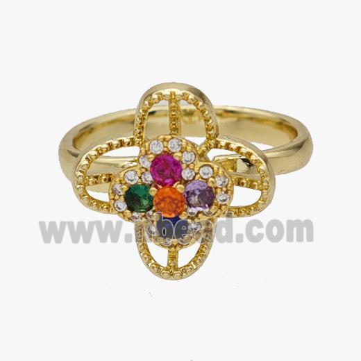 Copper Flower Rings Pave Zirconia Rotatable Adjustable Gold Plated