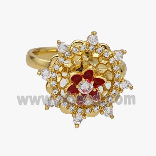 Copper Flower Rings Pave Zirconia Rotatable Adjustable Gold Plated