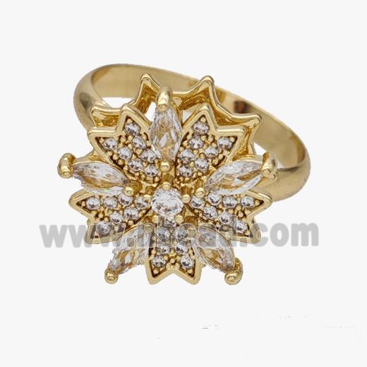 Copper Flower Rings Pave Zirconia Rotatable Adjustable Gold Plated