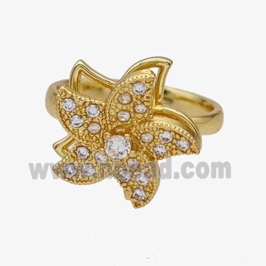 Copper Starfish Rings Pave Zirconia Rotatable Adjustable Gold Plated