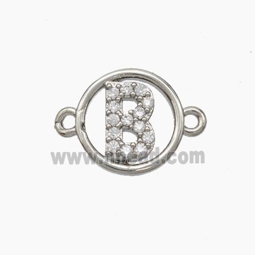 Copper Letter-B Connector Pave Zirconia Circle Platinum Plated