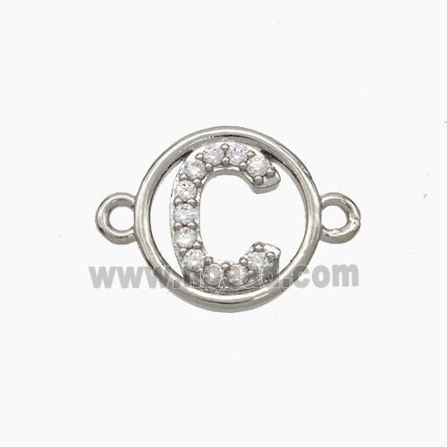 Copper Letter-C Connector Pave Zirconia Circle Platinum Plated