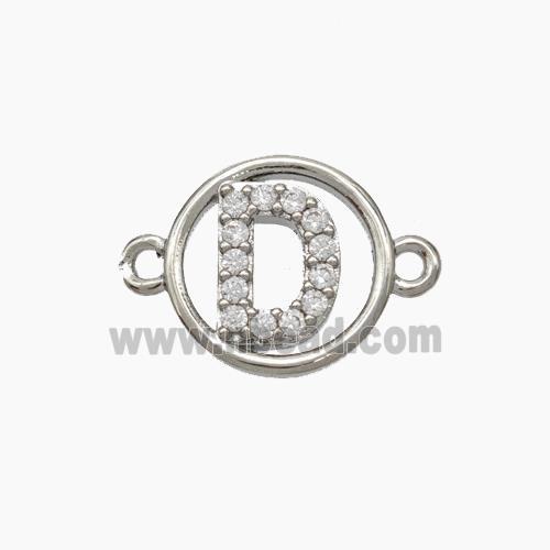 Copper Letter-D Connector Pave Zirconia Circle Platinum Plated