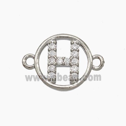 Copper Letter-H Connector Pave Zirconia Circle Platinum Plated