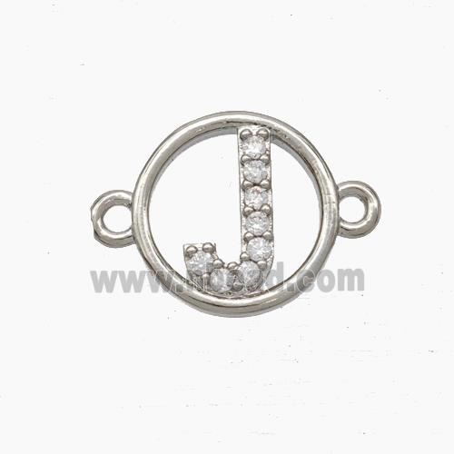 Copper Letter-J Connector Pave Zirconia Circle Platinum Plated