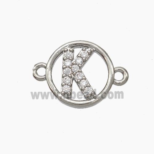 Copper Letter-K Connector Pave Zirconia Circle Platinum Plated