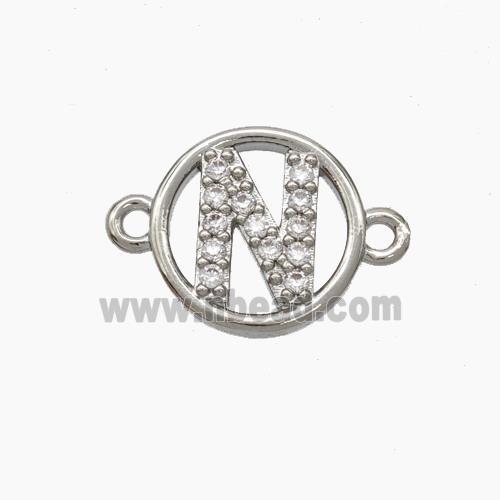 Copper Letter-N Connector Pave Zirconia Circle Platinum Plated