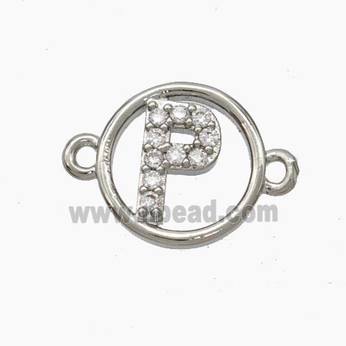 Copper Letter-P Connector Pave Zirconia Circle Platinum Plated