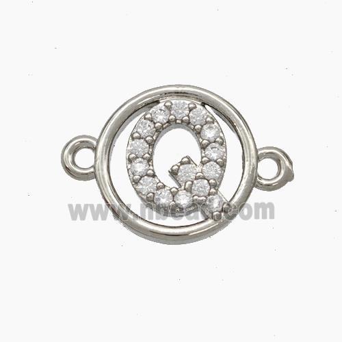 Copper Letter-Q Connector Pave Zirconia Circle Platinum Plated