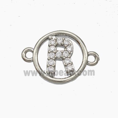 Copper Letter-R Connector Pave Zirconia Circle Platinum Plated