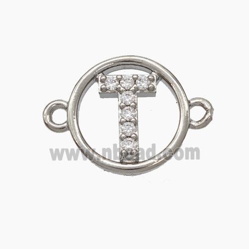 Copper Letter-T Connector Pave Zirconia Circle Platinum Plated