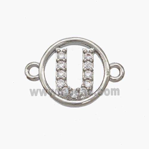 Copper Letter-U Connector Pave Zirconia Circle Platinum Plated