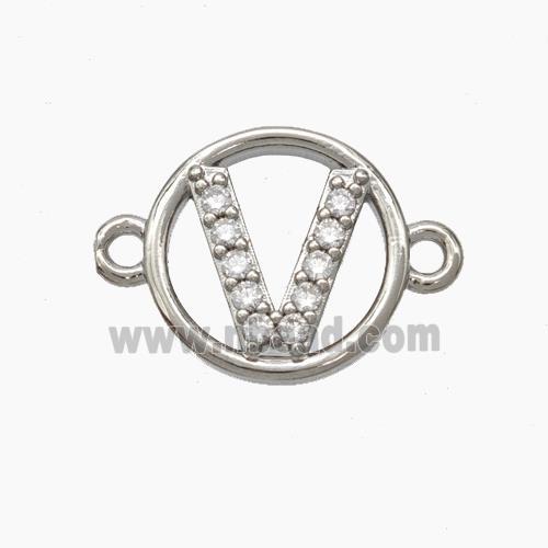 Copper Letter-V Connector Pave Zirconia Circle Platinum Plated