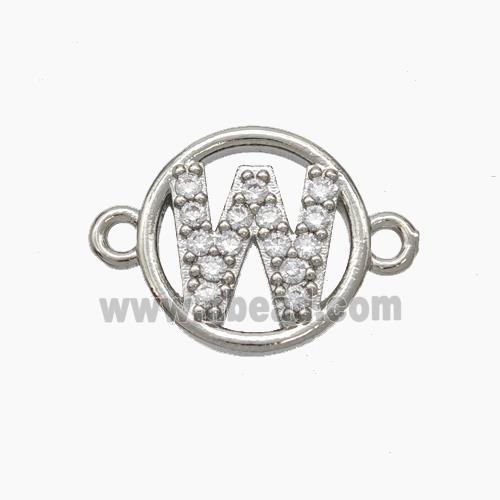 Copper Letter-W Connector Pave Zirconia Circle Platinum Plated