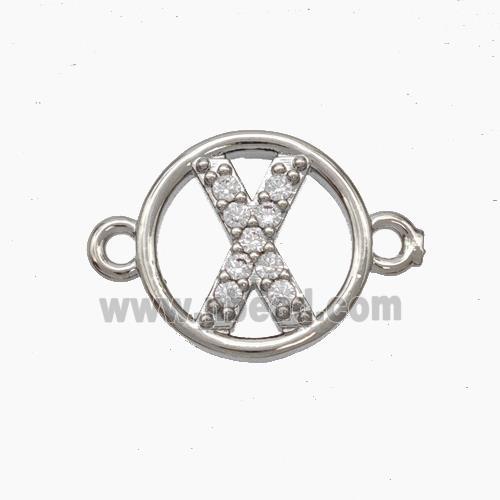 Copper Letter-X Connector Pave Zirconia Circle Platinum Plated