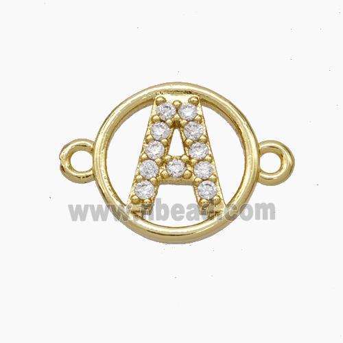 Copper Letter-A Connector Pave Zirconia Circle Gold Plated