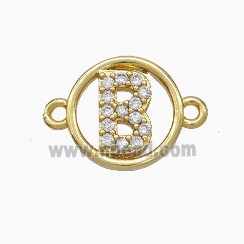 Copper Letter-B Connector Pave Zirconia Circle Gold Plated