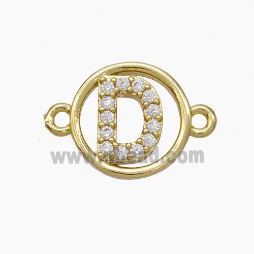 Copper Letter-D Connector Pave Zirconia Circle Gold Plated