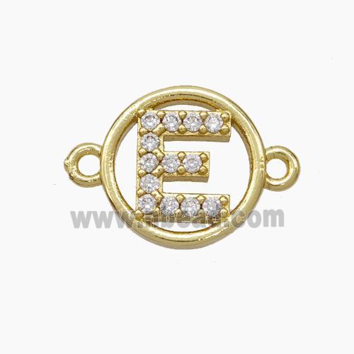 Copper Letter-E Connector Pave Zirconia Circle Gold Plated