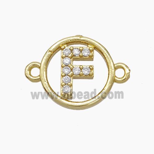 Copper Letter-F Connector Pave Zirconia Circle Gold Plated