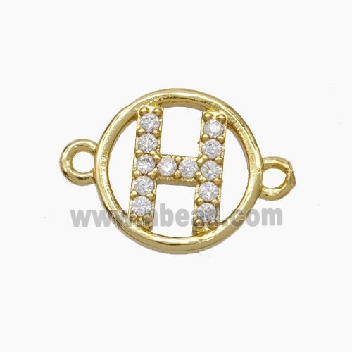 Copper Letter-H Connector Pave Zirconia Circle Gold Plated