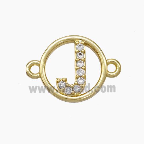 Copper Letter-J Connector Pave Zirconia Circle Gold Plated