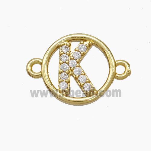 Copper Letter-K Connector Pave Zirconia Circle Gold Plated