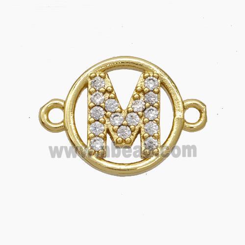 Copper Letter-M Connector Pave Zirconia Circle Gold Plated