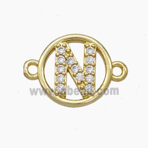 Copper Letter-N Connector Pave Zirconia Circle Gold Plated