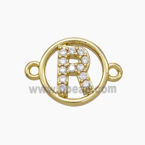 Copper Letter-R Connector Pave Zirconia Circle Gold Plated