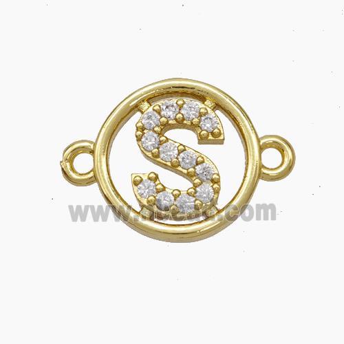 Copper Letter-S Connector Pave Zirconia Circle Gold Plated