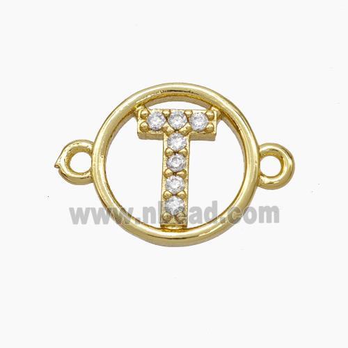 Copper Letter-T Connector Pave Zirconia Circle Gold Plated