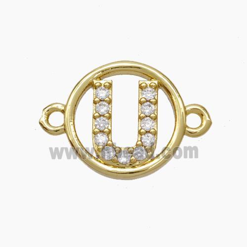 Copper Letter-U Connector Pave Zirconia Circle Gold Plated