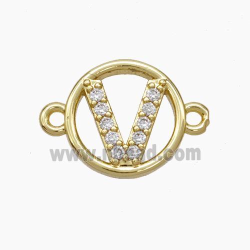 Copper Letter-V Connector Pave Zirconia Circle Gold Plated